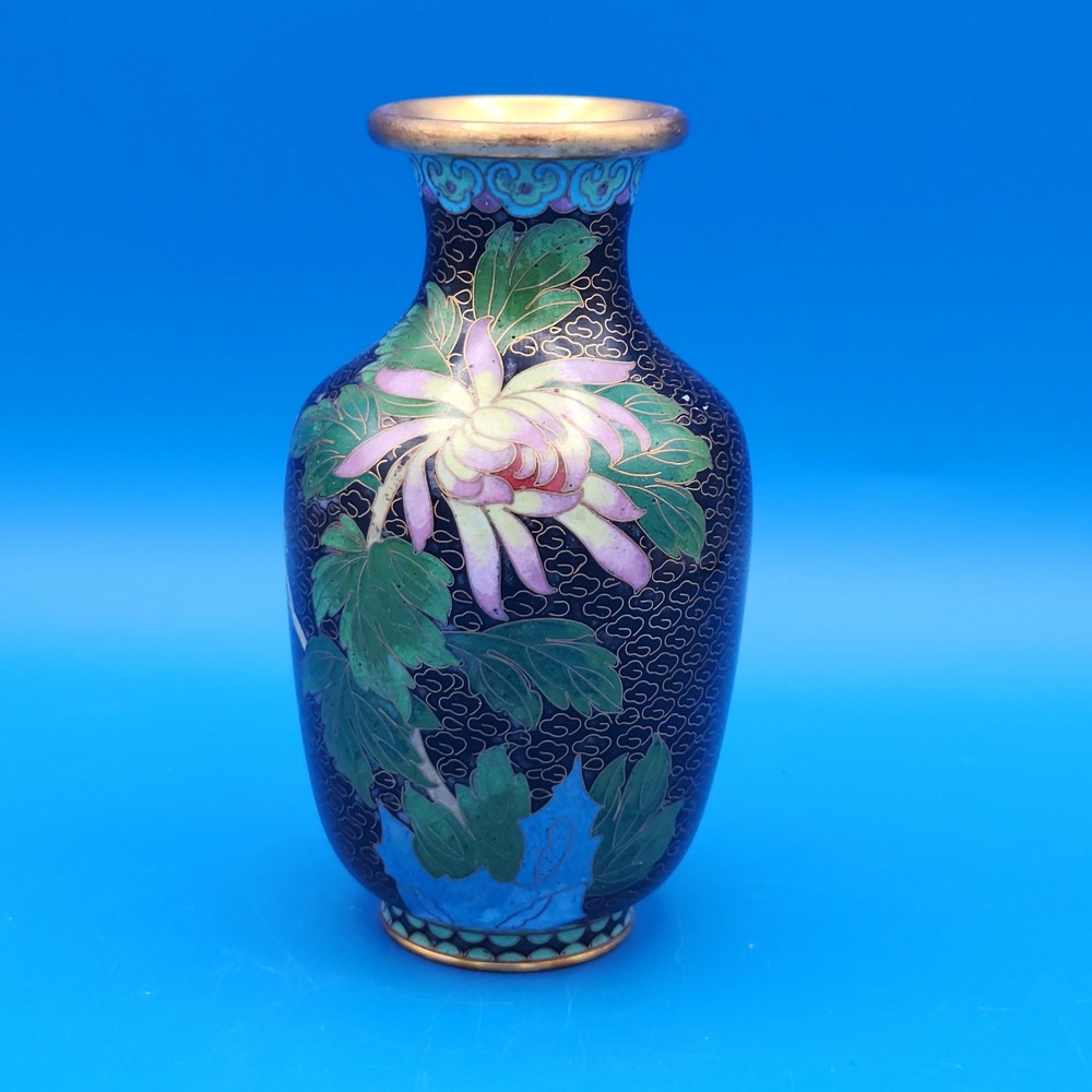 Vintage Chinese Cloisonne Enamel Floral Vase Black Gold Wire Peony 4.75"